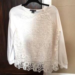 Women’s white sweatshirt with lace front.